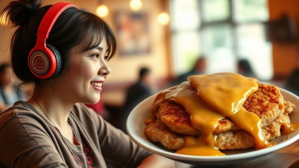Young woman discusses restaurant menu innovation with KFC dish