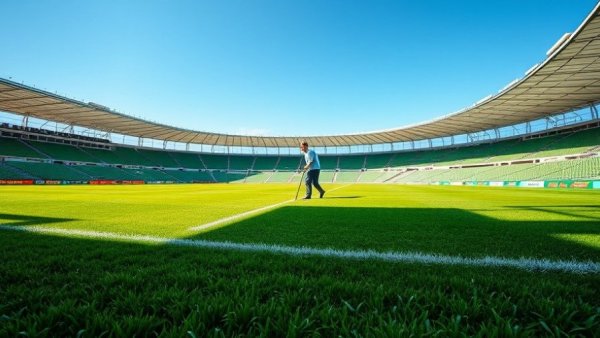 Real grass on soccer field maintained under clear skies.
