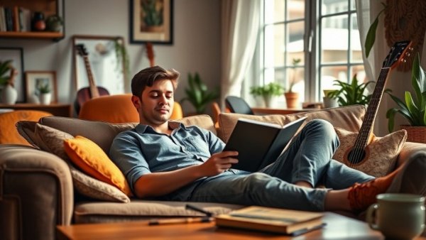 Gen Z lifestyle, man relaxing in living room with guitars and plants