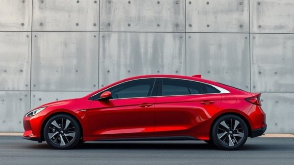 Sleek red hybrid vehicle parked against minimalist concrete