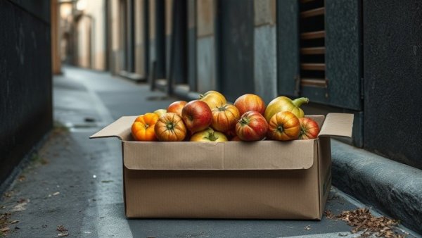 Box of overripe fruits and vegetables reflecting reducing food waste.