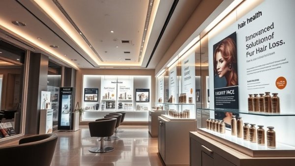 Modern salon with hair loss solutions on display, sleek and innovative.
