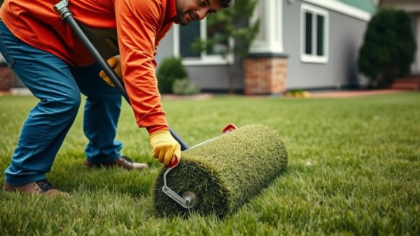 Worker installing sod on a lawn with house background.