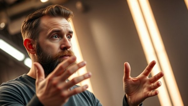 Man explaining in studio setting with ambient lighting