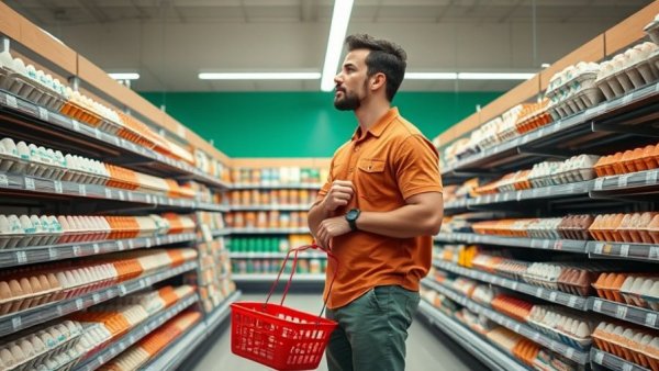 Man considering eggs amid salmonella egg recall at supermarket.