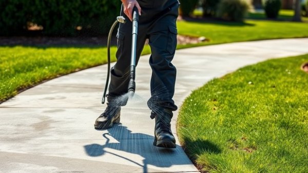 Pressure washing satisfaction seen as concrete surface is cleaned.