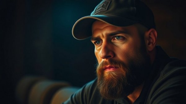 Thoughtful bearded man, intense focus, in shadowy lighting