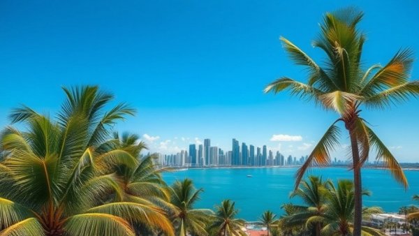 Miami skyline view with palm trees, vibrant day.
