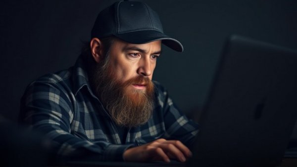 Man demonstrating critical thinking in the digital age, focused expression.
