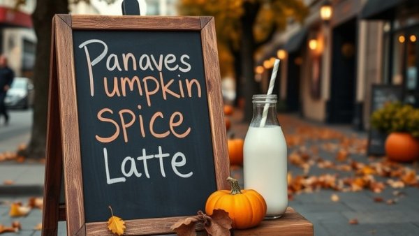 Chalkboard sign featuring pumpkin spice drinks for seasonal creep in restaurant marketing.