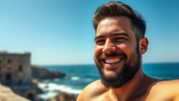 Bearded man smiling by the seaside, sunny day.