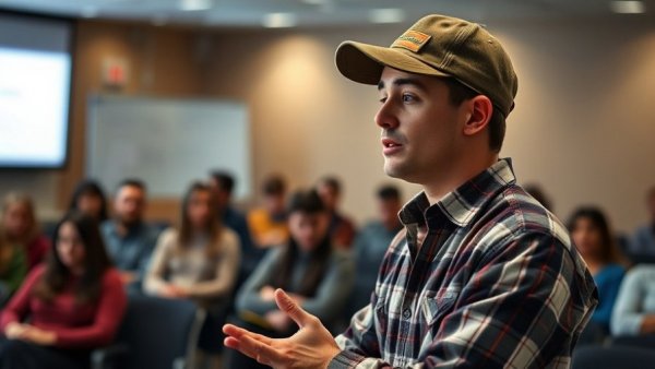 Young speaker addressing an audience, seminar environment.