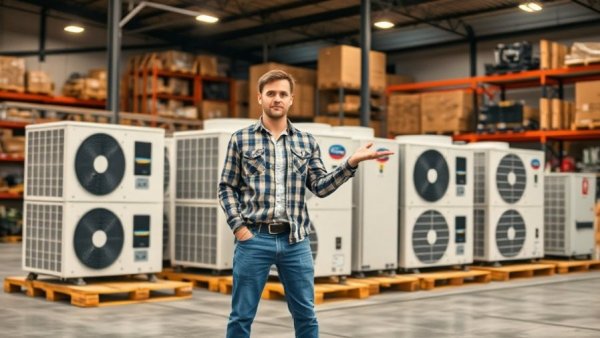 Man discussing HVAC units in a home service business warehouse.