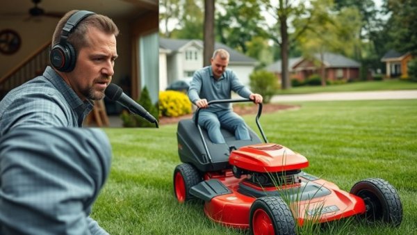 Man discusses lawn care pricing while mowing a lawn.