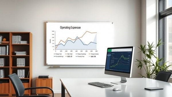 Office with operating expenses chart and financial data display