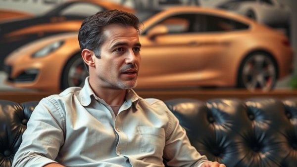 Man discussing something on a couch with a Dodge Superb in the background.