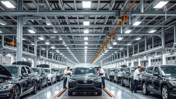 USMCA Deal Impact on automotive manufacturing shown by assembly line.