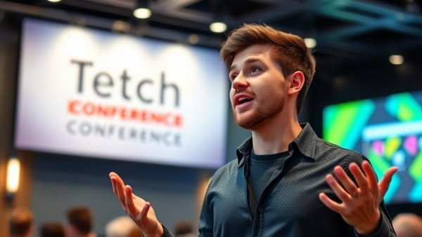 Man speaking passionately at tech conference
