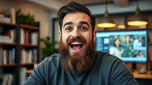 Bearded man livestreaming in office, reflecting desire to live and happiness