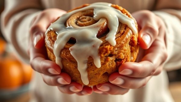 Close-up of hands holding a glazed pumpkin cinnamon roll