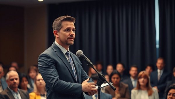 Businessman speaking at a conference, representing SMBs as customers.