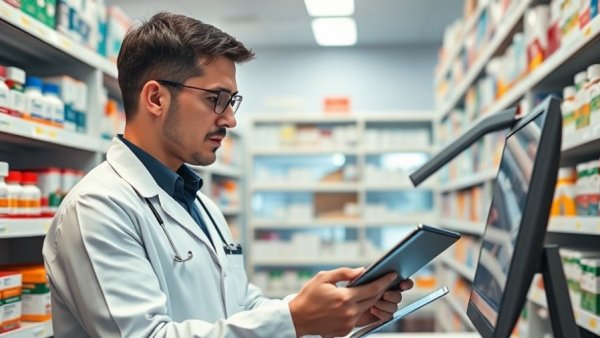 Pharmacy inventory management with computer and tablet, store operations management