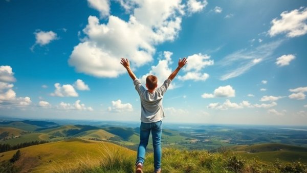 Joyful person standing on hilltop under blue sky, symbolizing success.