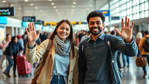 People waving at California airport, signaling goodbye.