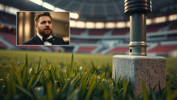 Close-up view of stadium grass with a man discussing in an inset; stadium grass debate.