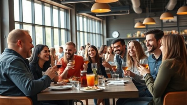 Friendly group dining in a restaurant, lively conversation.