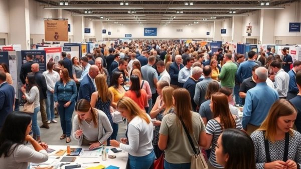 Job fair attendees and booths showcasing job growth for August 2026.