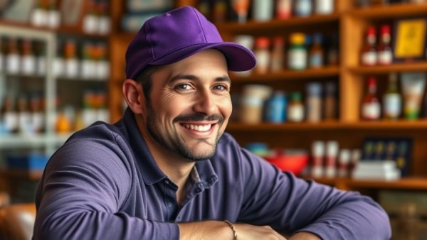 Man smiling in front of colorful shelf background, relaxed setting