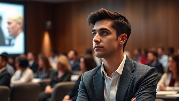 Young man listening attentively at a conference, focused on business growth.