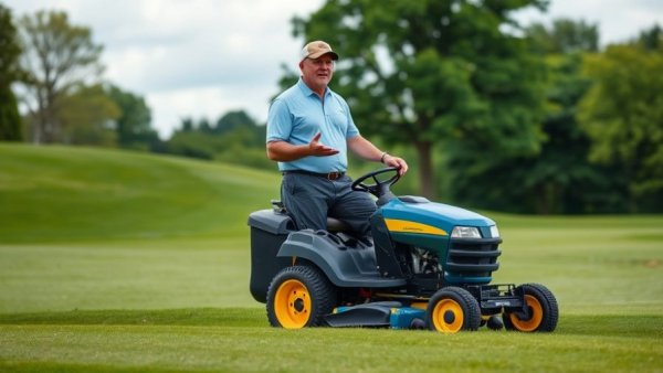 Man discusses golf course maintenance technology with lawn mower.