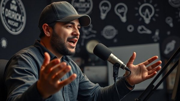 Young adult passionately discussing financial independence on a podcast.