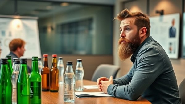 Thoughtful bearded man in a meeting discussing strategies.