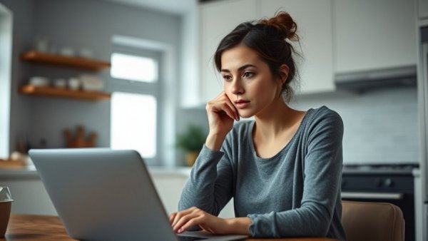 Thoughtful young woman in hoodie contemplating at kitchen laptop.