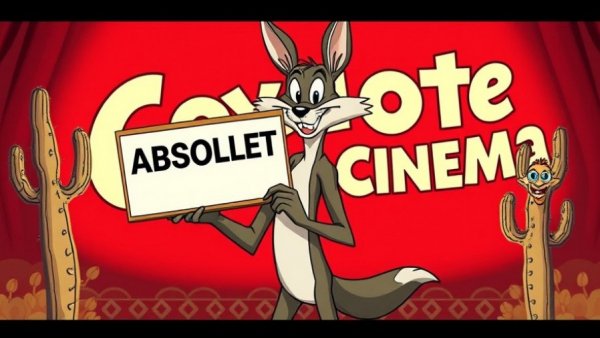 'Coyote vs. Acme' character with sign, vibrant backdrop.