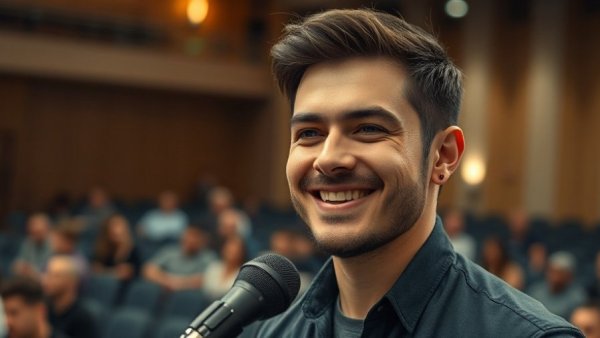 Audience member smiling during Q&A session at an event