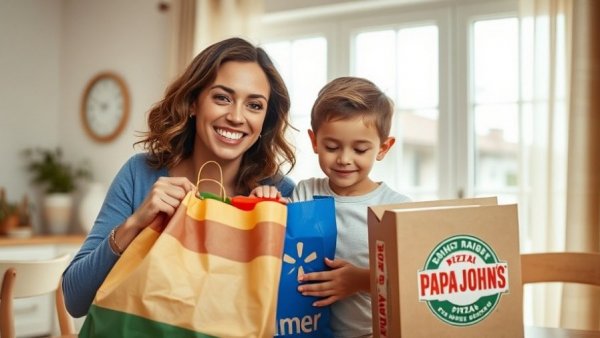Walmart delivering Papa John's pizza to a mother and child in dining room.