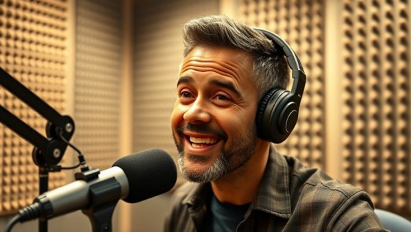 Man embracing new technology across generations speaking in podcast