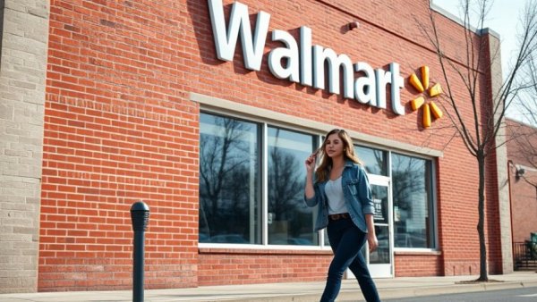 Young woman walking by Walmart during the fall sale.
