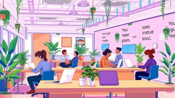 Modern open office space with diverse professionals
