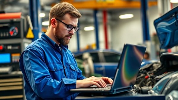 Condition-Based Vehicle Maintenance with mechanic in garage and dashboard alert.