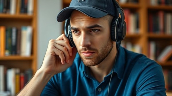 Focused man with headphones in office, highlighting teamwork for scaling business