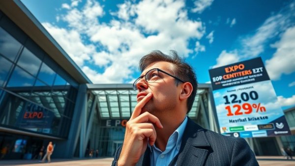 Main entrance of Equip Expo 2023, thoughtful man, clear blue sky