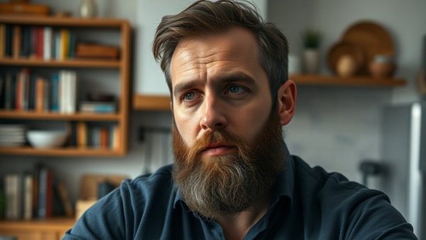 Man contemplating life's game, serious expression indoors