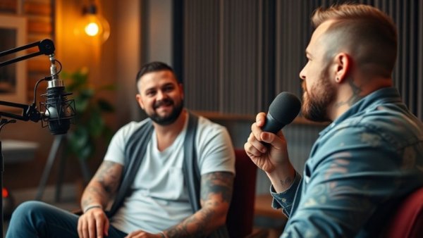 Tattooed man discussing success in plumbing sales on a podcast set.