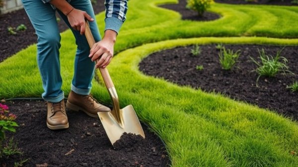 Gardener showing garden bed edging techniques with shovel