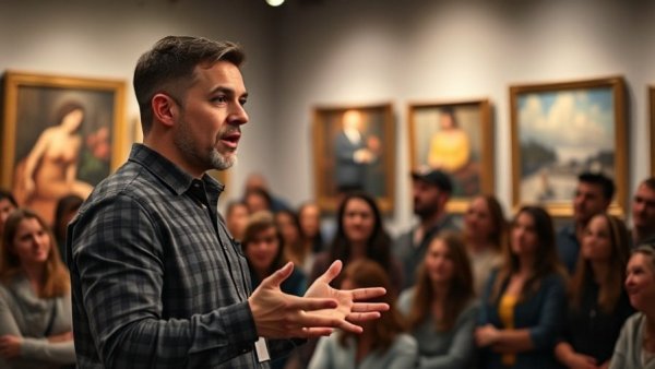 Personal branding in business presentation in art gallery.